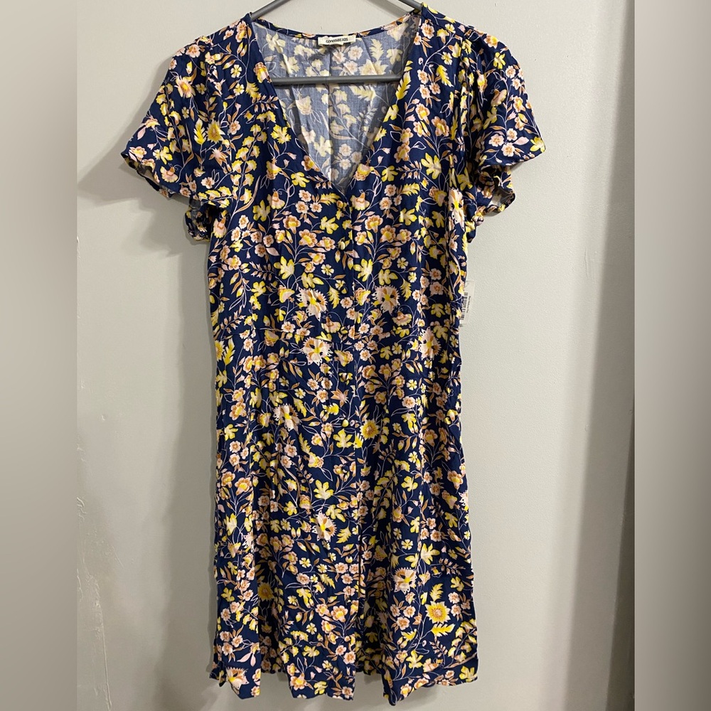 Goodthreads Women's Small Flutter Sleeve Button Down Dress Blue W/Flowers floral